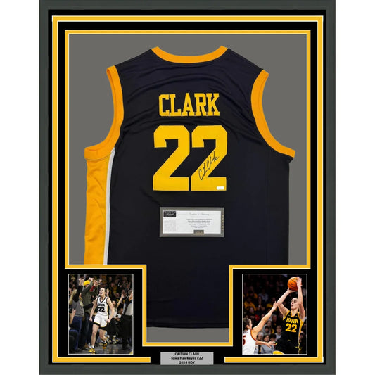 Framed Autographed Caitlin Clark 35x39 Iowa Black Basketball Jersey Panini COA | Hall of Fame Sports Memorabilia | vintageantiquesgifts.com