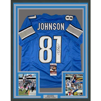Framed autographed Calvin Johnson Detroit Lions blue jersey with number 81