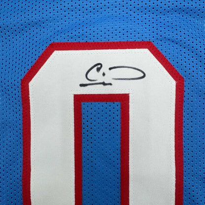 Framed autographed Calvin Ridley Tennessee retro blue football jersey with number 1, Beckett BAS COA