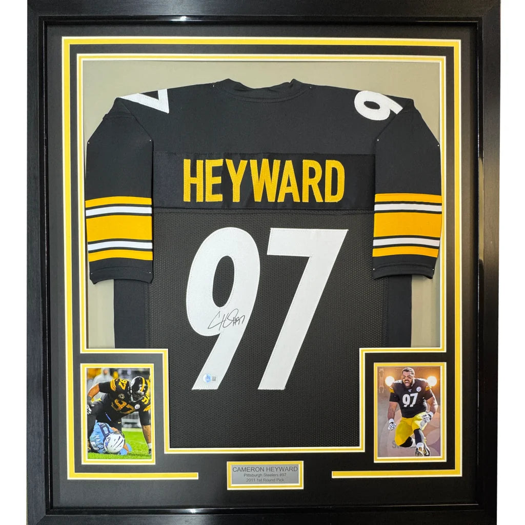 Framed and autographed Cameron Heyward Steelers jersey with photos for display