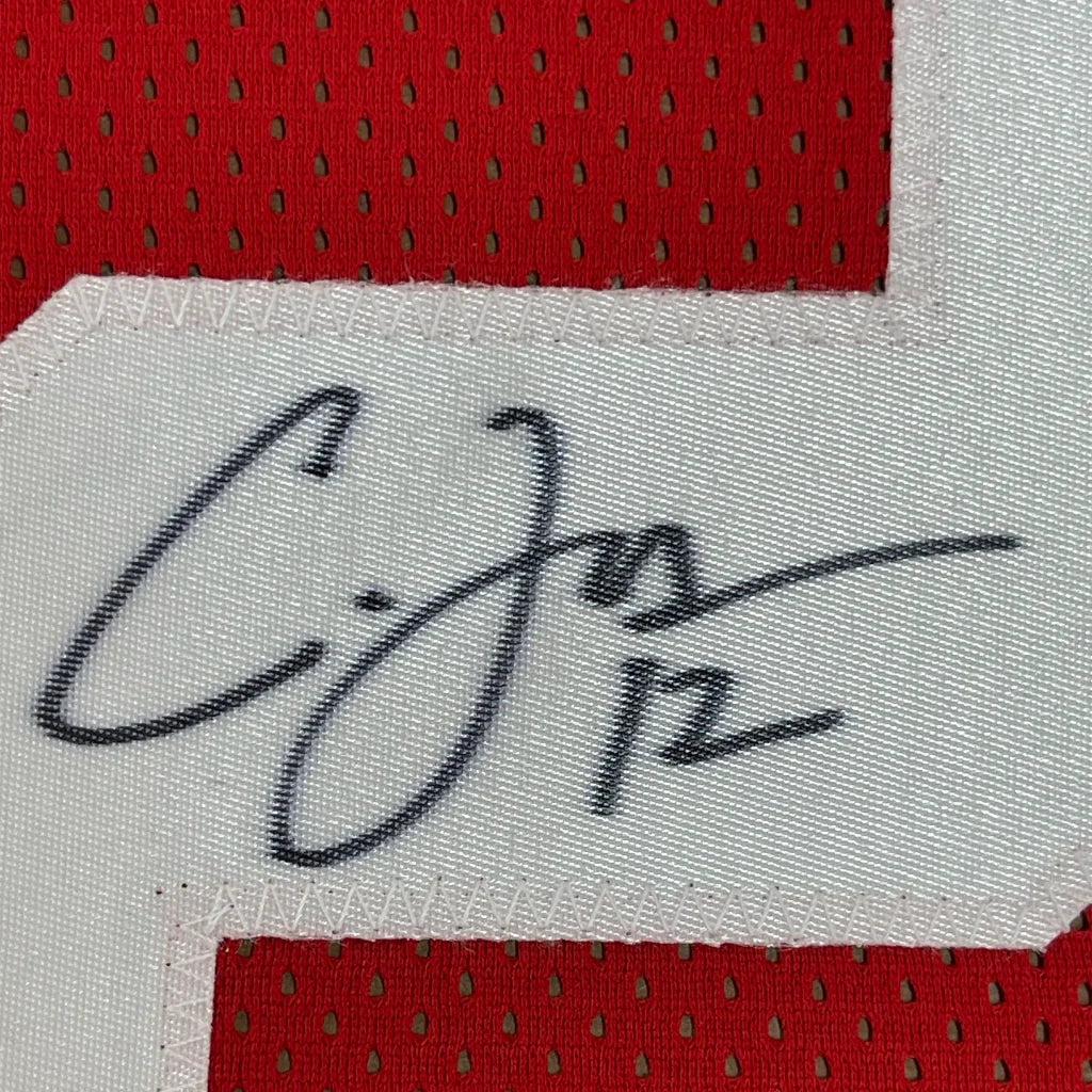 Black ink signature on white mesh fabric bordered by red perforated jersey in framed autographed ohio state football jersey