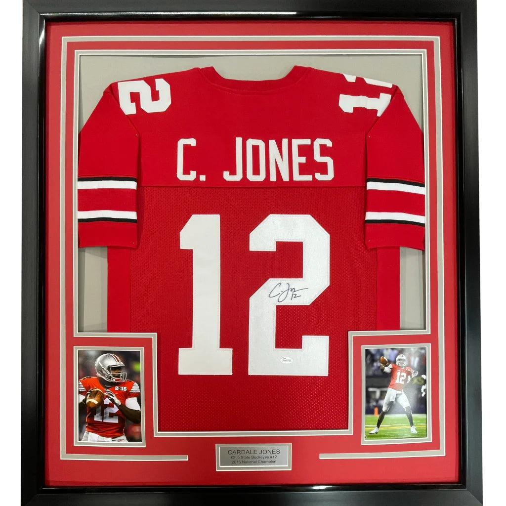 Red ohio state college football jersey with white lettering and numbers featuring c signed by cardale jones