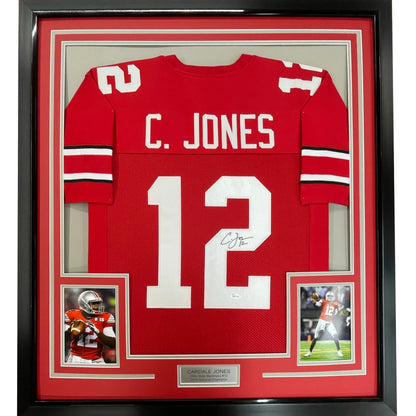 Red ohio state college football jersey with white lettering and numbers featuring c signed by cardale jones
