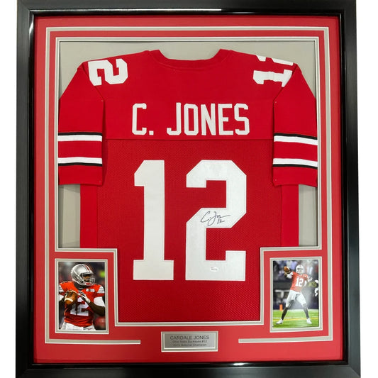 Red ohio state college football jersey with white lettering and numbers featuring c signed by cardale jones