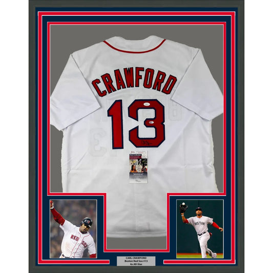 Framed Autographed Carl Crawford 35x39 Boston White Baseball Jersey JSA COA | Hall of Fame Sports Memorabilia | vintageantiquesgifts.com