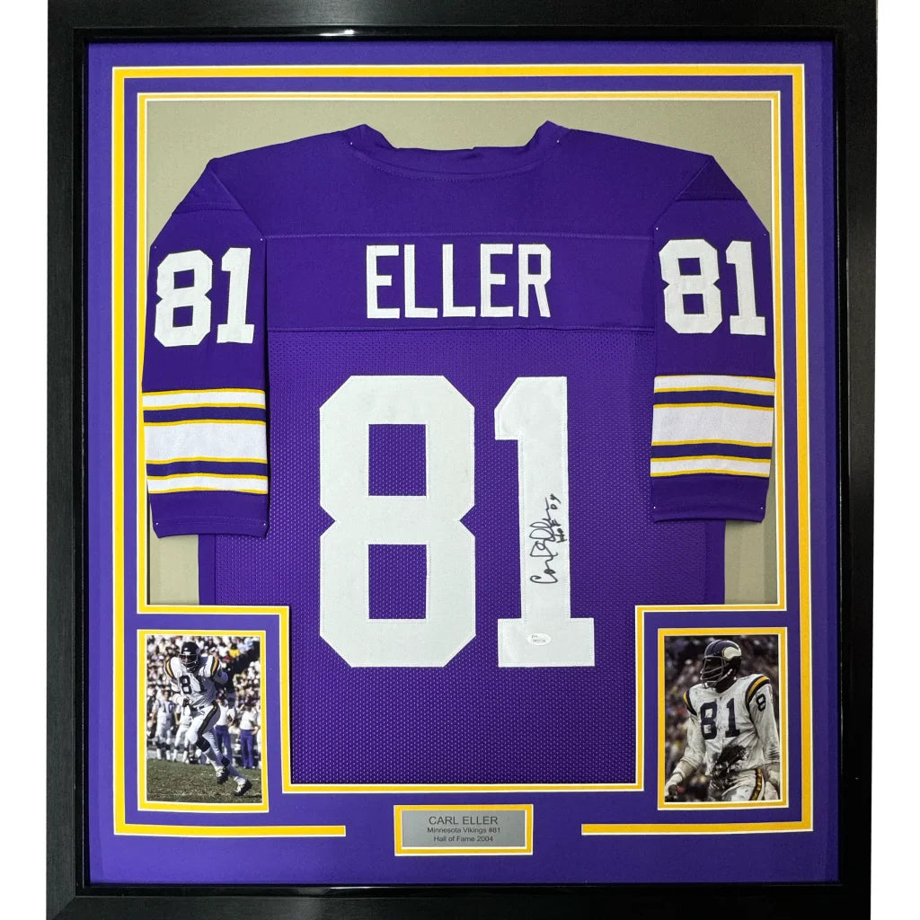 Framed Carl Eller signed purple jersey with gold accents
