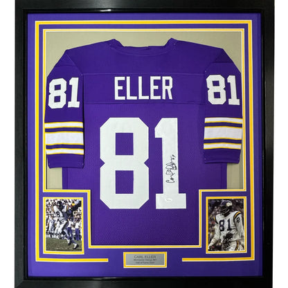 Framed Carl Eller signed purple jersey with gold accents