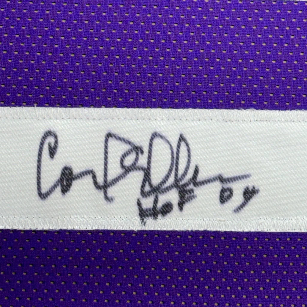 Framed Carl Eller signed purple mesh jersey with white stripe