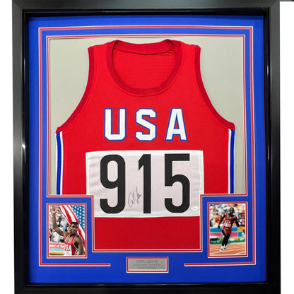 Framed Autographed Carl Lewis 35x39 United States USA Red Track & Field Jersey JSA COA | Hall of Fame Sports Memorabilia | vintageantiquesgifts.com