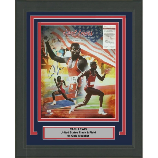 Framed signed Carl Lewis Olympics photo in red white track uniform with number 15