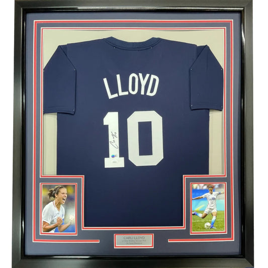Framed autographed Carli Lloyd navy blue USA World Cup jersey with Lloyd 10