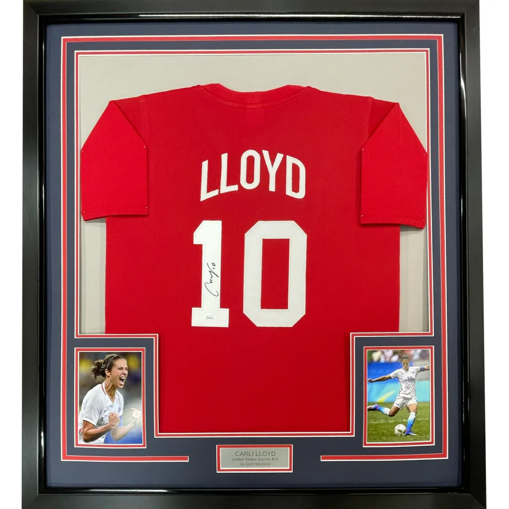 Framed autographed Carli Lloyd Team USA red soccer jersey with Lloyd 10, JSA COA