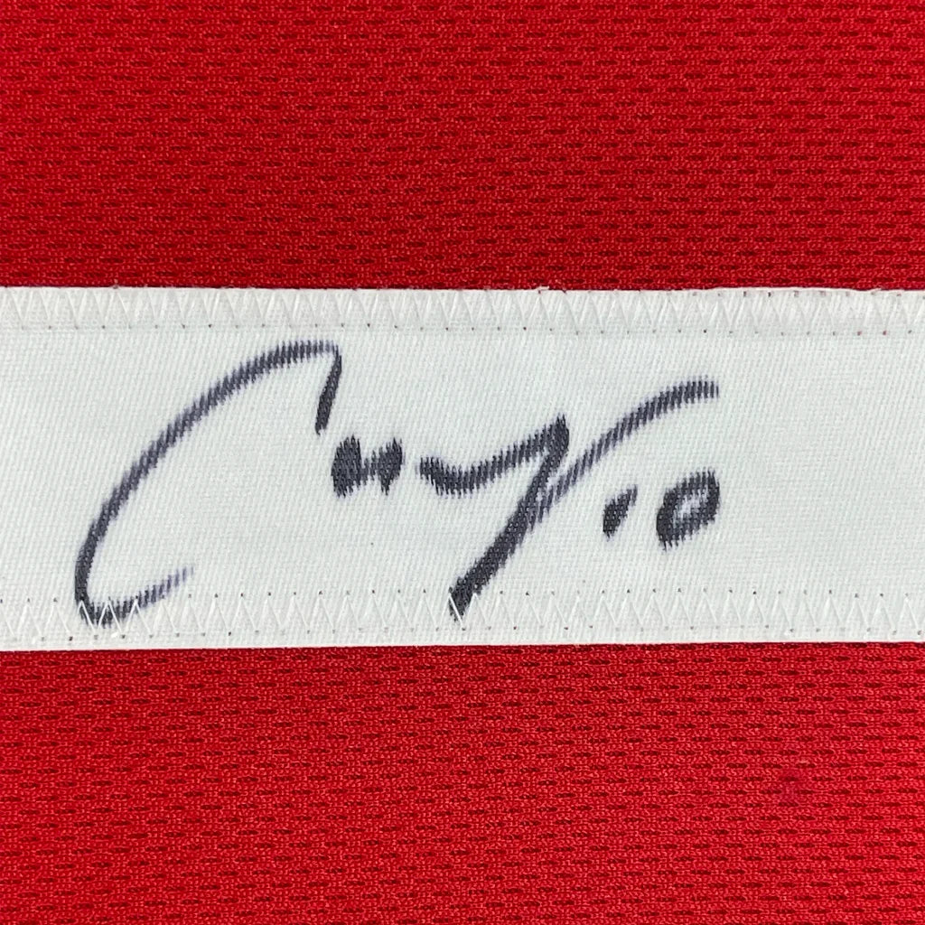 Framed autographed Carli Lloyd USA World Cup jersey with Cayro label on red mesh