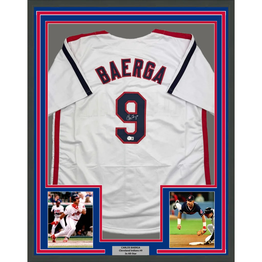 Framed white baseball jersey with two player photos and a nameplate in a premium frame