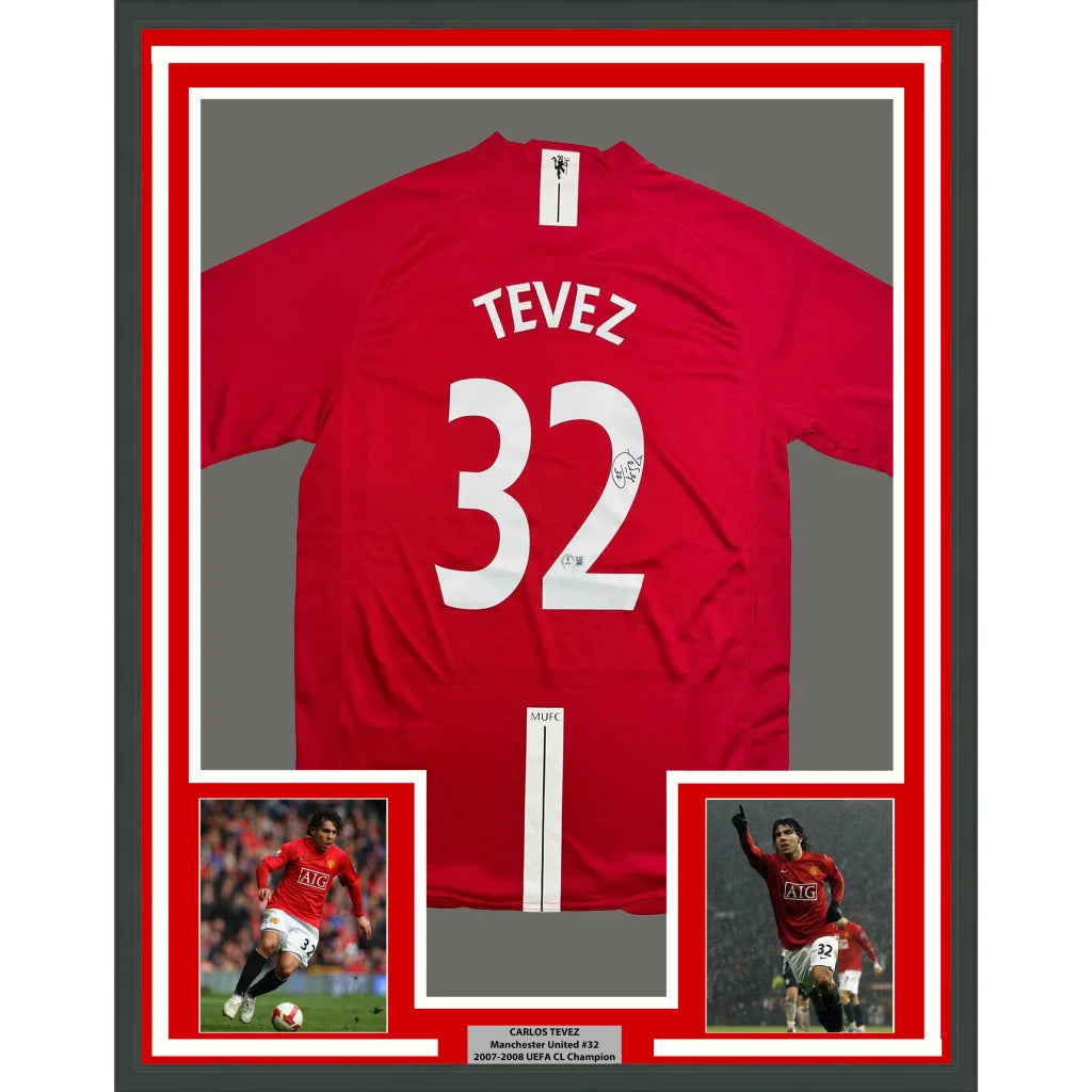 Framed Autographed Carlos Tevez 35x39 Manchester United Red Soccer Jersey Beckett BAS COA | Hall of Fame Sports Memorabilia | vintageantiquesgifts.com