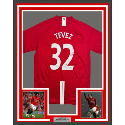 Framed Autographed Carlos Tevez 35x39 Manchester United Red Soccer Jersey Beckett BAS COA | Hall of Fame Sports Memorabilia | vintageantiquesgifts.com