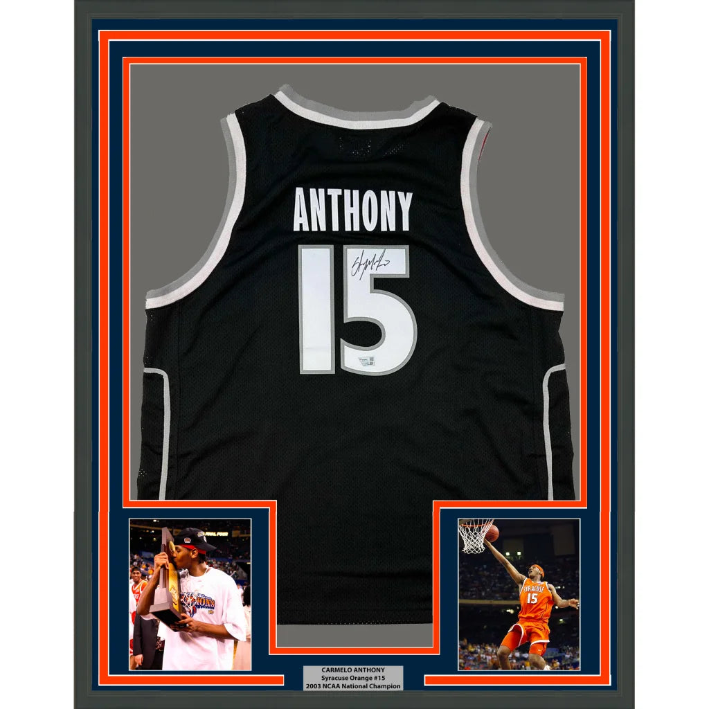 Framed Anthony basketball jersey with number 15 and two inset photos for display
