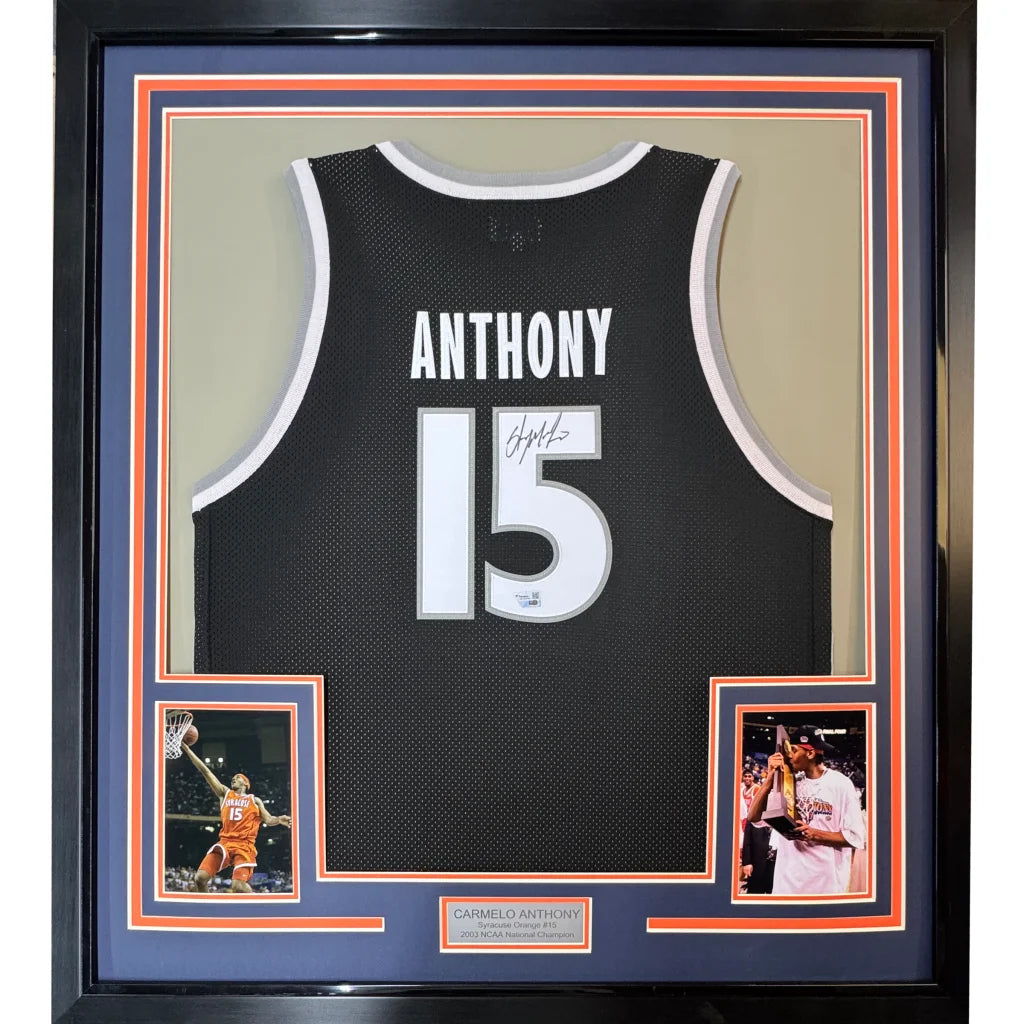 Framed Autographed Carmelo Anthony 35x39 Syracuse Orange Black Basketball Jersey Fanatics COA | Hall of Fame Sports Memorabilia | vintageantiquesgifts.com
