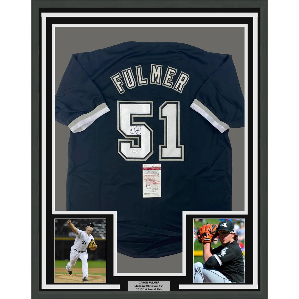 Professionally framed autographed baseball jersey with player photos for your man cave