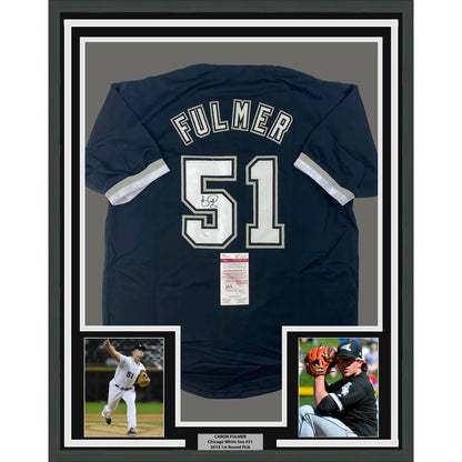 Professionally framed autographed baseball jersey with player photos for your man cave