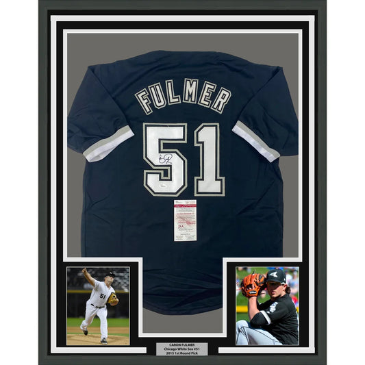 Professionally framed autographed baseball jersey with player photos for your man cave