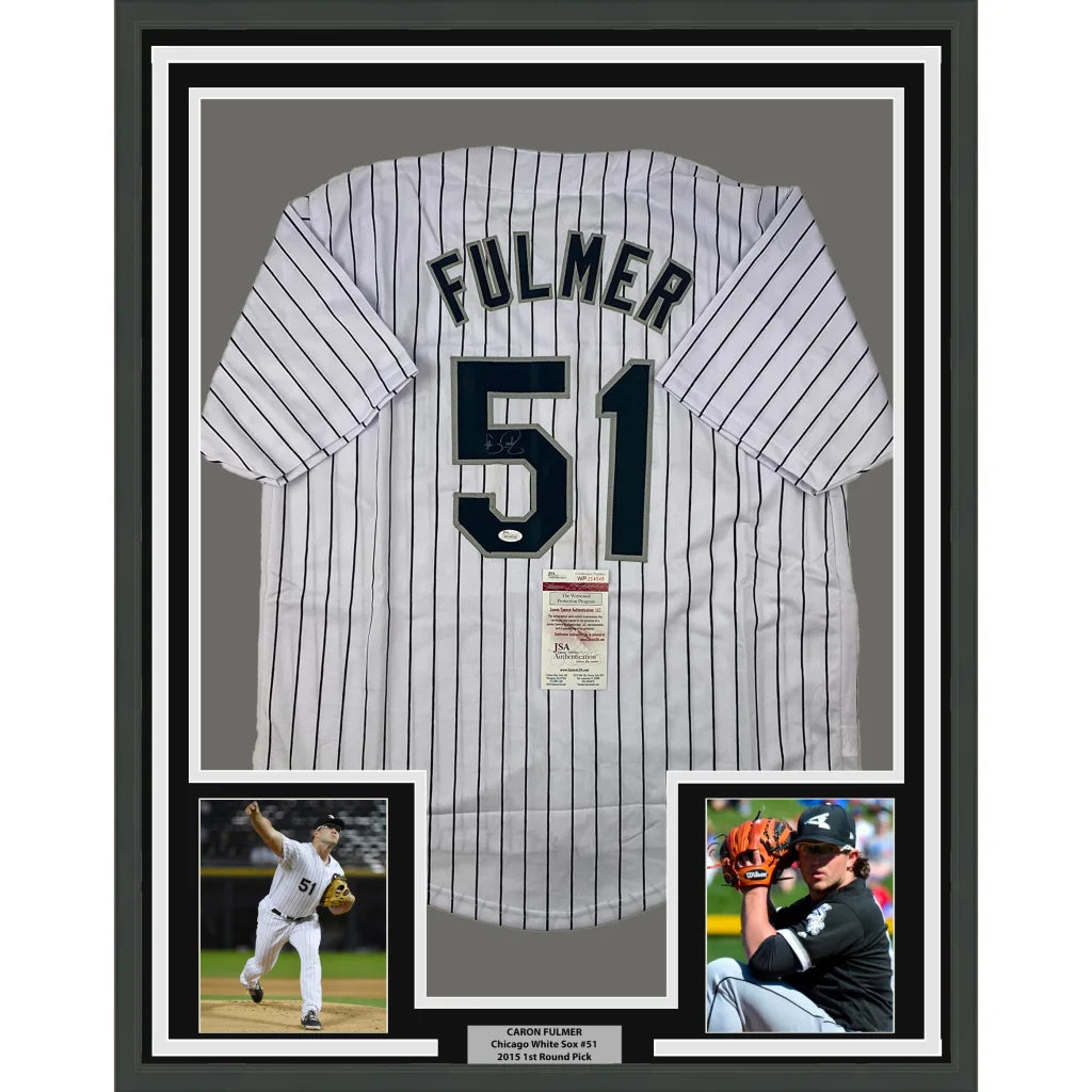 Framed Autographed Carson Fulmer 35x39 Chicago Pinstripe Baseball Jersey JSA COA | Hall of Fame Sports Memorabilia | vintageantiquesgifts.com