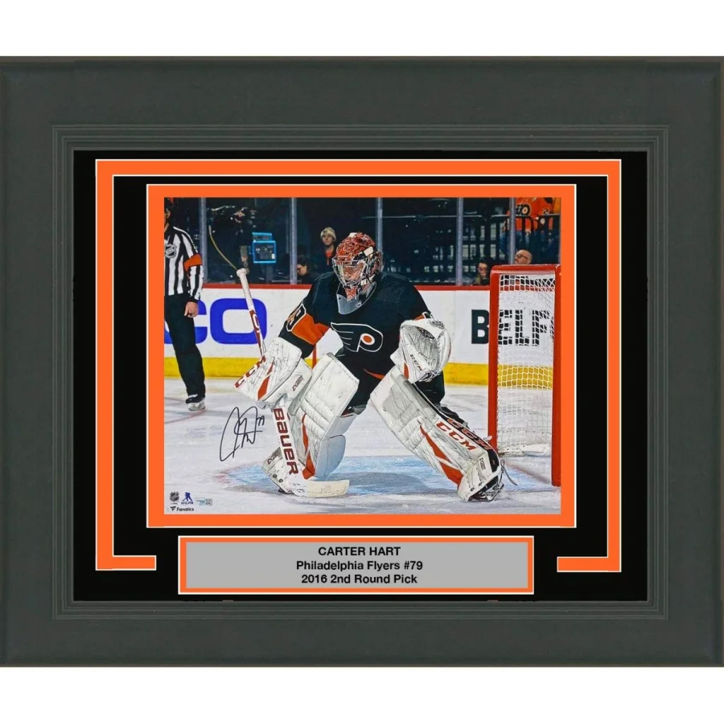 Framed Carter Hart autographed photo make your space epic hockey goalie piece