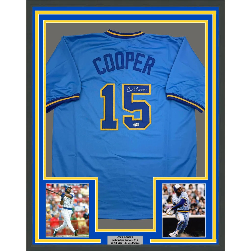 Framed Autographed Cecil Cooper 35x39 Milwaukee Blue Baseball Jersey Beckett BAS COA | Hall of Fame Sports Memorabilia | vintageantiquesgifts.com