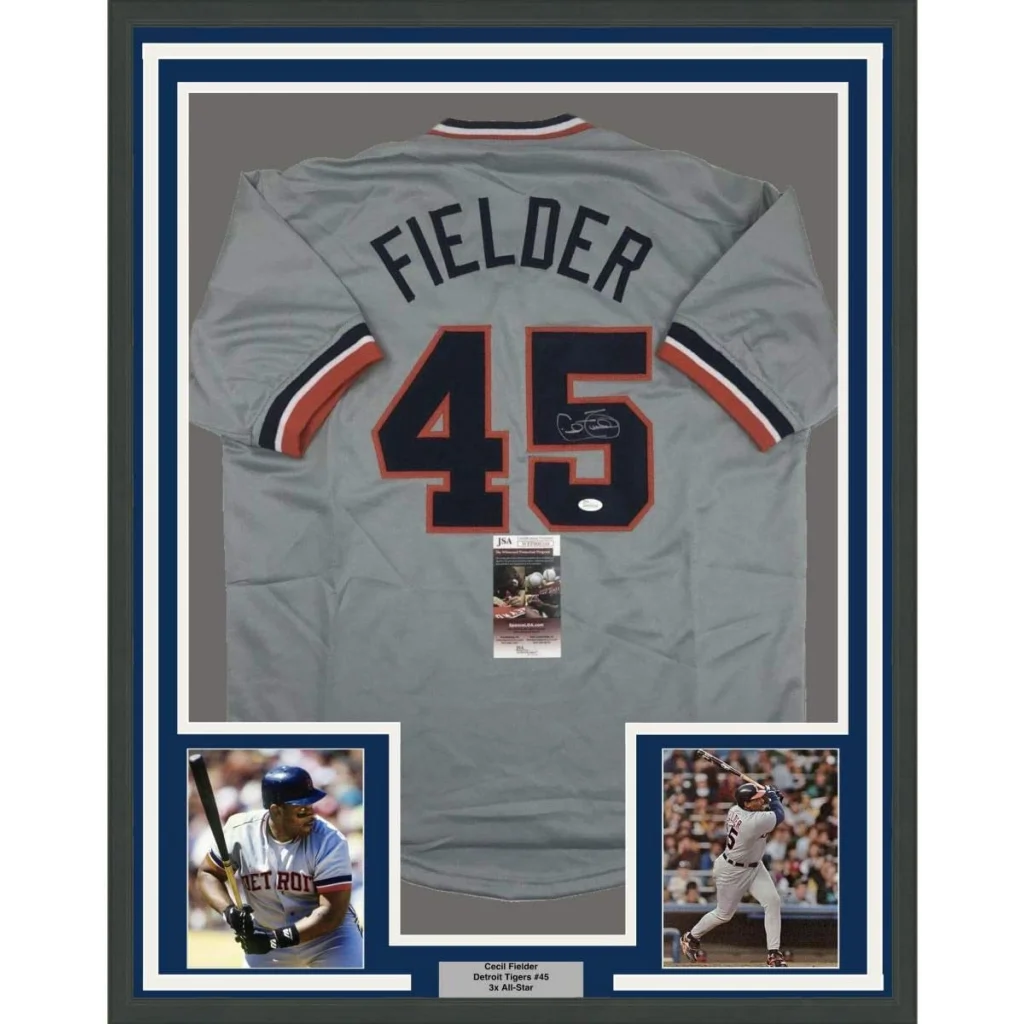 Framed autographed Cecil Fielder Detroit Tigers gray jersey with number 45