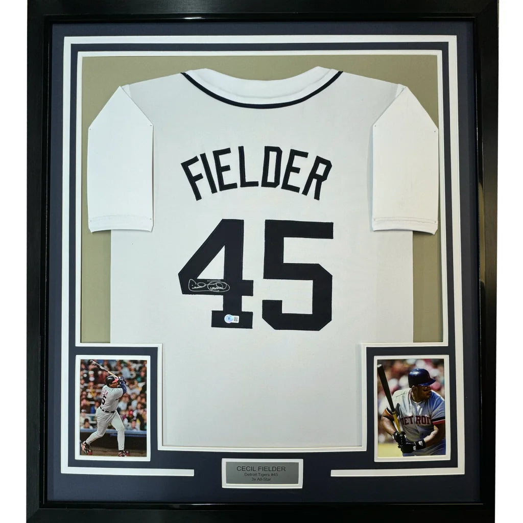 Framed autographed Cecil Fielder Detroit Tigers white jersey back, number 45, JSA COA