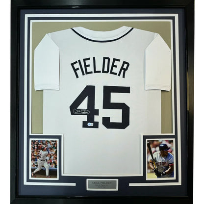Framed autographed Cecil Fielder Detroit Tigers white jersey back, number 45, JSA COA