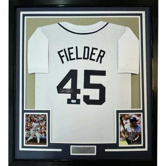 Framed autographed Cecil Fielder Detroit Tigers white jersey back, number 45, JSA COA