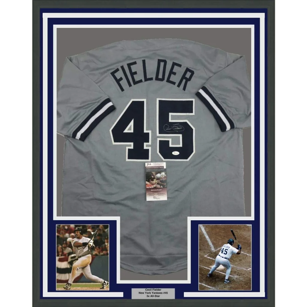Framed Autographed Cecil Fielder 35x39 New York Grey Baseball Jersey JSA COA | Hall of Fame Sports Memorabilia | vintageantiquesgifts.com