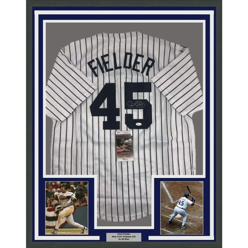 Framed Autographed Cecil Fielder 35x39 New York Pinstripe Baseball Jersey JSA COA | Hall of Fame Sports Memorabilia | vintageantiquesgifts.com