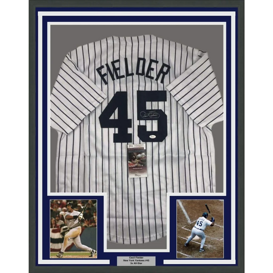 Framed Autographed Cecil Fielder 35x39 New York Pinstripe Baseball Jersey JSA COA | Hall of Fame Sports Memorabilia | vintageantiquesgifts.com