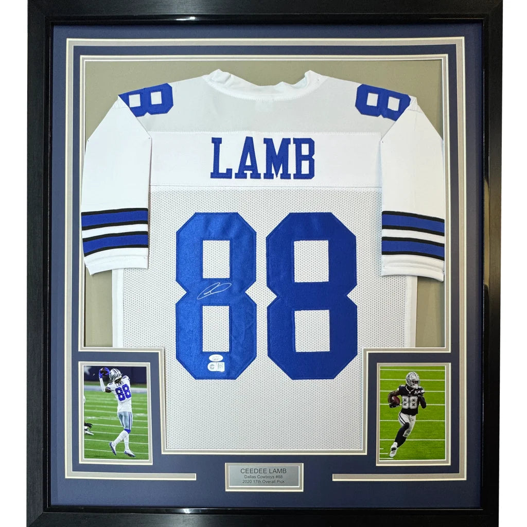 Professionally framed CeeDee Lamb autographed jersey with photos of Dallas Cowboys star