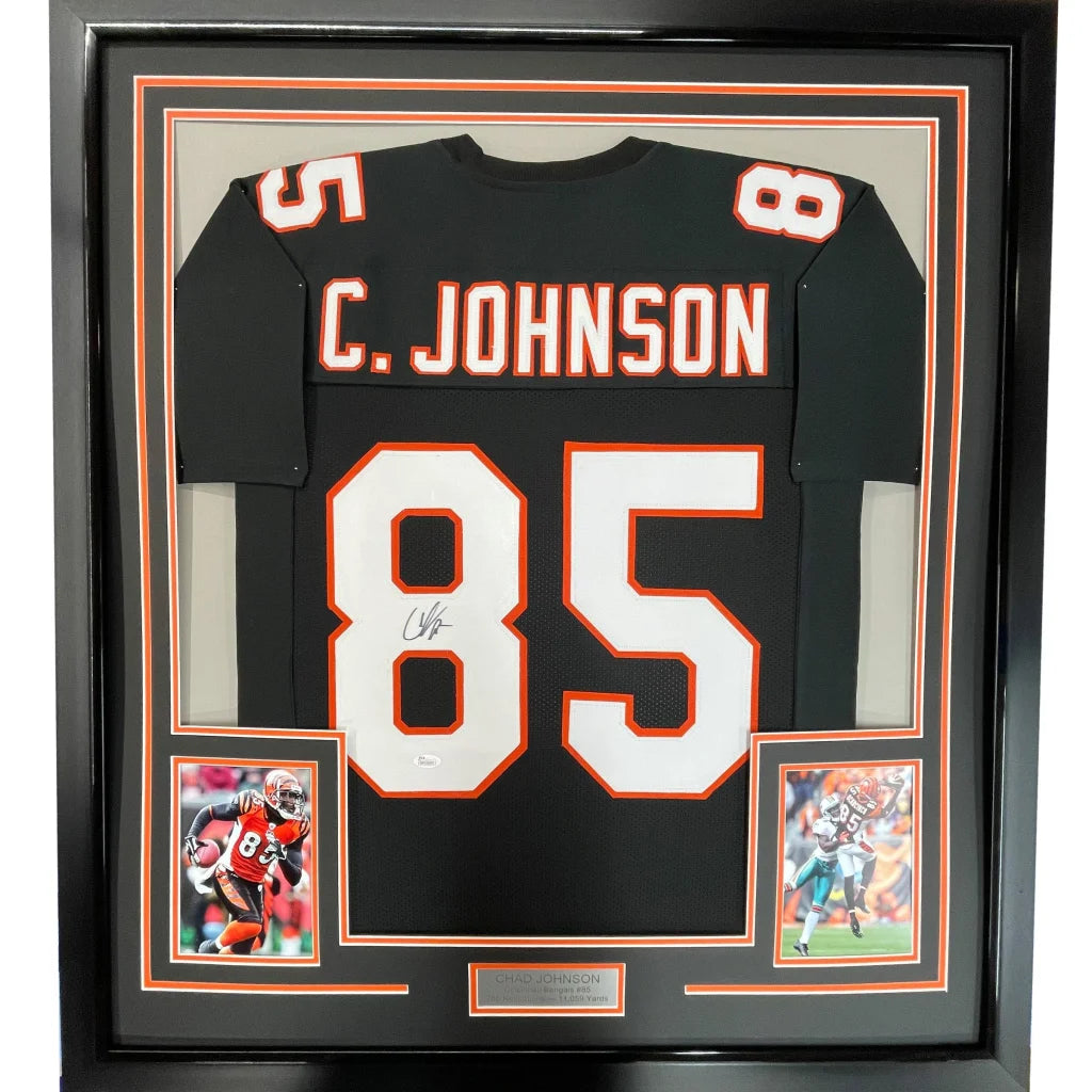 Autographed black C Johnson 85 jersey with photos in the Game Changing C Johnson Collection