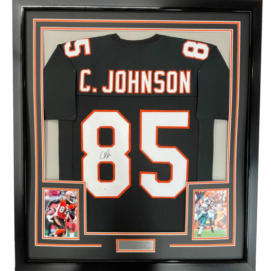 Autographed black C Johnson 85 jersey with photos in the Game Changing C Johnson Collection