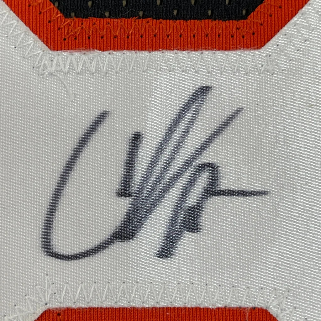 Autographed white fabric patch from Game Changing C Johnson 85 Jersey Collection