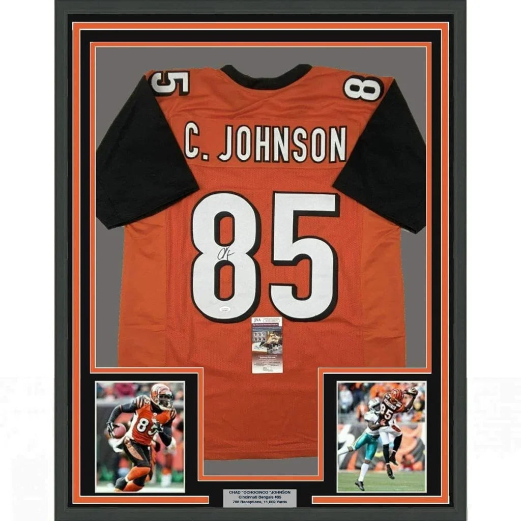 Framed Chad Johnson signed Bengals jersey with photos ready to display