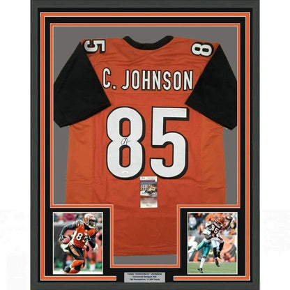 Framed Chad Johnson signed Bengals jersey with photos ready to display