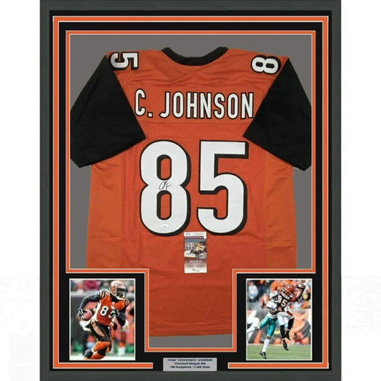 Framed Chad Johnson signed Bengals jersey with photos ready to display