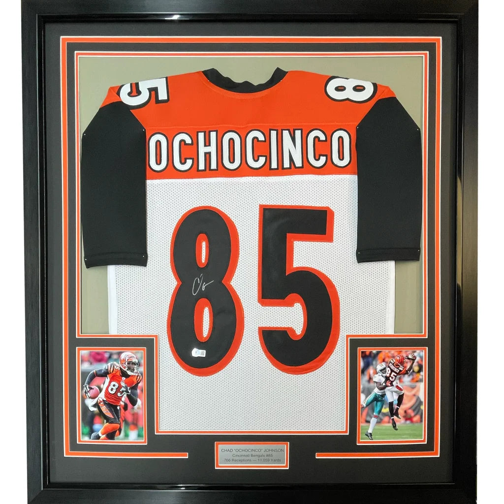 Framed signed Chad Ochocinco 85 orange black Bengals jersey JSA COA