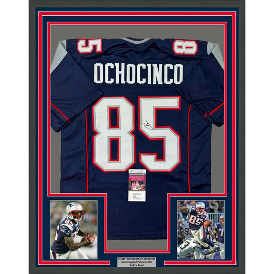 Framed signed navy blue New England Patriots Ochocinco 85 jersey JSA COA