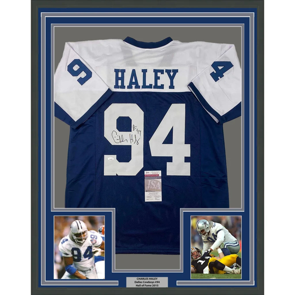 Autographed Charles Haley blue and white framed jersey with Haley nameplate for man cave