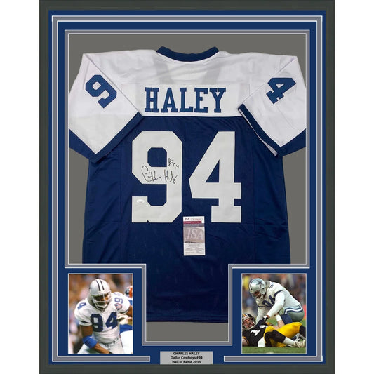 Autographed Charles Haley blue and white framed jersey with Haley nameplate for man cave