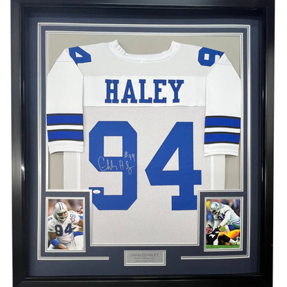 Signed Charles Haley white blue Dallas Cowboys jersey with Haley nameplate for man cave