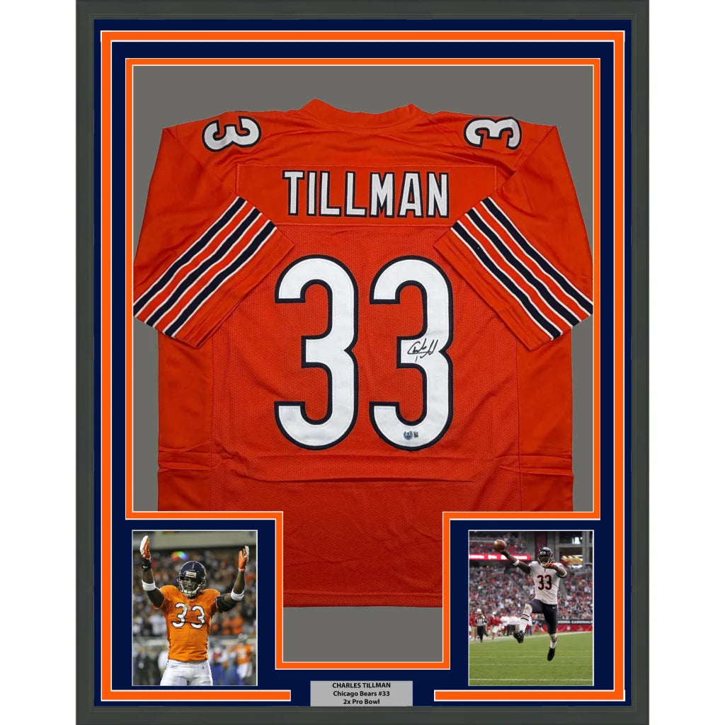 Framed autographed orange Chicago Bears Charles Tillman #33 jersey back, Beckett BAS COA