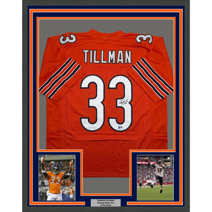 Framed autographed orange Chicago Bears Charles Tillman #33 jersey back, Beckett BAS COA