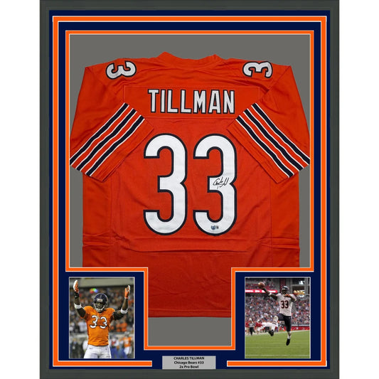 Framed Autographed Charles Tillman 35x39 Peanut Chicago Orange Football Jersey Beckett BAS COA | Hall of Fame Sports Memorabilia | vintageantiquesgifts.com
